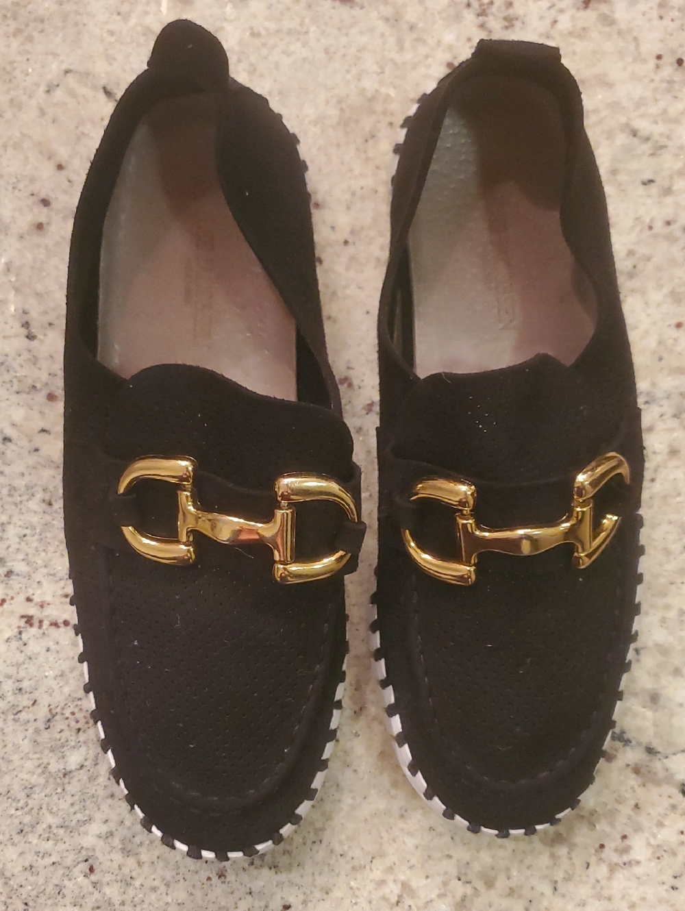 Ilse Jacobson Tulip Buckle Black Loafers with Gold Horsebit Accent Size 37